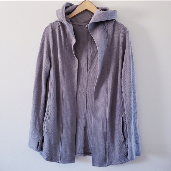 10TREE WAFFLE ORGANIC COTTON BLEND HOODED CARDIGAN IN Taupe - S - Picture 4 of 12